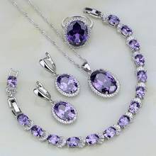 Conjuntos de joyas de plata esterlina 925 para mujer, aretes/colgante/Collar/pulsera/anillo de circonia cúbica púrpura blanca para boda 2024 - compra barato
