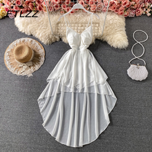 Vestido corto femenino de verano con escote triangular, minivestido Sexy bohemio de malla con retazos, color blanco, para playa 2024 - compra barato