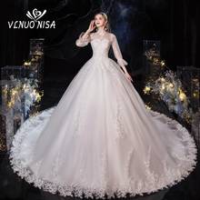 Luxury Lace Embroidery Vintage High Neck three Quarter Wedding Dress 2020Vestidos De Novia Royal Train Bridal Gown Plus Size 2024 - buy cheap
