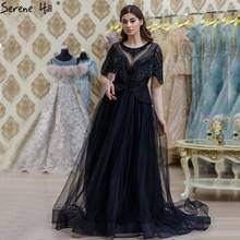 Dubai Black A-Line Tassel Beading Evening Dresses 2020 Tulle Half Sleeves Luxury Formal Dress Evening Gown Serene Hill BLA70585 2024 - buy cheap