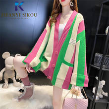 Striped Women Knitted Sweater Jacket Autumn Winter Warm Knit Cardigan Coat Fashion V-Neck Long Sleeve Loose Sweaters 2020 New 2024 - buy cheap