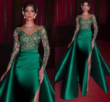 Elegant Mermaid Evening Dresses 2020 Green Formal Dress Long Sleeves Satin Sexy Slit Beads Party Prom Gowns vestidos de noiva 2024 - buy cheap