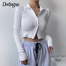 Darlingaga Casual Button Up Knitted White T shirt Women Long Sleeve Bodycon Crop Tops Basic Solid Ladies T-shirts Korean Tee New 2024 - buy cheap