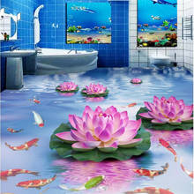 Custom floor painting 3d обои beautiful lotus flowing water carp toilet bathroom living room bedroom restaurant floor painting 2024 - buy cheap