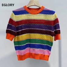 2020 Autumn Fashion Jumpers High Quality Women Sweet Rainbow Color Knitting Short Sleeve Casual Striped Tops Pullover Ladies 2024 - buy cheap