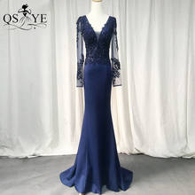 Темно-синие платья для выпускного вечера 2021 эластичный русалки длинное платье Для женщин аппликация вечернее кружевное Длинное нарядное платье рукава, v-образная горловина, вечернее платье из бисера 2024 - купить недорого