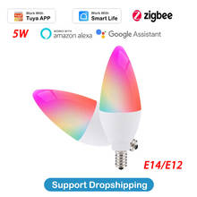 Bombilla LED inteligente E12/E14 Tuya Zigbee 3,0, lámpara RGBCW de 5W, Control por voz, funciona con Alexa y Google Home 2024 - compra barato