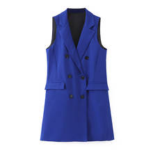 Waistcoat blue Double Breasted Women Long Sleeveless Pockets Office Lady Vest Outerwear Casual Chalecos Mujer 2024 - buy cheap