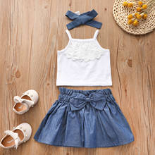 Conjunto de roupas infantis fofas de verão 0-3 anos, com renda sem mangas, top com saia e laço, 3 peças 2024 - compre barato