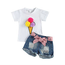 New Kids Baby Girls Fashion 2-piece Outfit Set Short Sleeve Pompom Tops+Denim Shorts Set 2024 - buy cheap