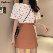 Conjuntos femininos de bolinhas, camiseta a-linha com fenda lateral saia slim elegante escritório estilo coreano 2024 - compre barato