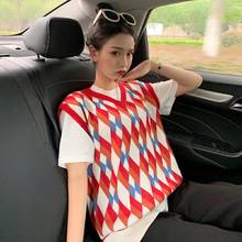 Pulôver feminino sem mangas 2021 estilo coreano moda colorida argyle xadrez gola v blusa de malha colete vermelho colete t377 2024 - compre barato