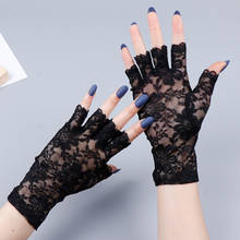 Sexy Lace Thin Short Elastic Sunscreen Gloves Summer Female Net Yarn Transparent UV Half Finger Touch screen Driving Mitten L80 2024 - buy cheap