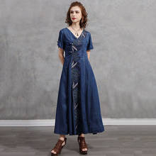 Женское джинсовое платье-трапеция SeeBeautiful, винтажное однобортное платье с вышивкой, V-образным вырезом и коротким рукавом, весна 2021 2024 - купить недорого