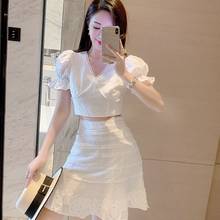 Summer CHIC Two Piece Set 2021 New Fashion White Blouse With Bubble Sleeves Crop Top+High Waist Elegant Hollow Out Lace Skirt 2024 - buy cheap