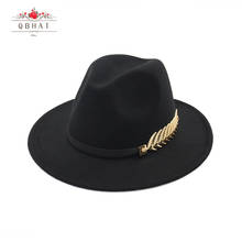 QBHAT Trend Men Women Wool Felt Panama Hat Fedora Caps with Metal Leaves Leather Band Jazz Trilby cap white green yellow hats 2024 - buy cheap