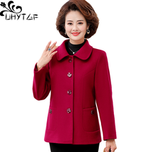 UHYTGF Womens Spring Autumn Woolen Jacket Fashion Single Breasted Thin Plus Size Coat Female Elegant Mother Short Outerwear 2021 2024 - buy cheap