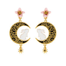 Hot new products in Europe and America, time trend enamel moon bunny earrings s925 silver needle flower repair face earrings 2024 - buy cheap