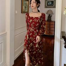 Vestido floral elegante estilo coreano, vestido midi vintage de manga longa com gola quadrada, vestidos de festa sexy franceses 2021 2024 - compre barato