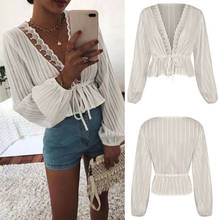 hirigin Women Long Sleeve Loose Chiffon Deep V Neck Lace Patchwork Ruffles Casual Lady Office T-Shirts Tops 2024 - buy cheap