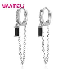 Pendientes de plata de ley 925 con borlas para hombre y mujer, aretes Unisex, cadena larga, cristal blanco y negro, redondos, joyería Punk 2024 - compra barato