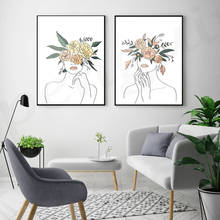 Línea de mujer con sombrero de flores coloridas, arte de pared, impresiones en lienzo, póster, pintura en lienzo nórdica para decoración de sala de estar 2024 - compra barato