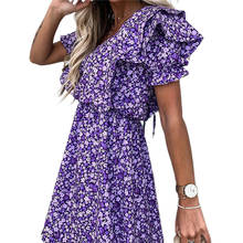 Женское мини-платье с цветочным принтом, летнее пляжное праздничное платье Бохо с оборками и V-образным вырезом, 2020 2024 - купить недорого