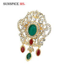 SUNSPICEMS Gold Color Arab Crystal Brooch Pins Red Green Rhinestone Ethnic Festival Gift Hijab Scarf Caftan Hat Broches Brooches 2024 - buy cheap