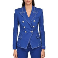 HIGH QUALITY New Fashion 2022 Designer Jacket Women's Top Stitching Contrast Lion Buttons Double Breasted Denim Blazer 2024 - buy cheap