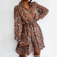 Women Autumn V Neck Ruffles Floral Print Dress Long Puff Sleeve Casual Drawstring Sashes Dress For Female A Line Party Vestidos 2024 - buy cheap