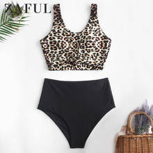 Zaful animal impressão atada cintura alta tankini conjunto colher pescoço maiô leopardo impressão duas peças swimwears maiô 2020 2024 - compre barato