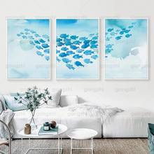 Акварель океан холст синяя рыба школа красивое искусство Настенный декор живопись дома Кафе гостиная детская спальня Hd постер 2024 - купить недорого