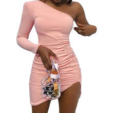 Mini vestido long de um ombro justo feminino, vestido sexy assimétrico com manga comprida liso justo 2020 2024 - compre barato