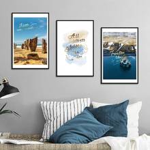 Pintura de decoración de fondo, paisaje mediterráneo, paisaje de mar azul, playa, fuente dorada, póster, lienzo impreso, decoración del hogar, WallArt 2024 - compra barato