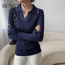 Sungtin Slim V Neck Sweater Pullover Women Spring Autumn Basic Elastic Female Daily Solid Ribbed Pullover Chic Korean Fashion 2024 - buy cheap