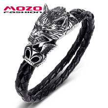 2020 Men Jewelry Black Genuine Leather Bracelet Stainless Steel Punk Ferocious Wolf Charm Bangles Women Gift 2024 - buy cheap