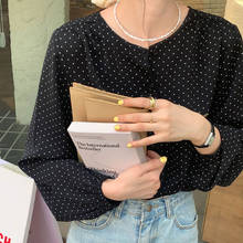 Blusa holgada de estilo coreano para mujer, camisa de manga larga abombada con lunares, cuello redondo, Estilo Vintage 2024 - compra barato