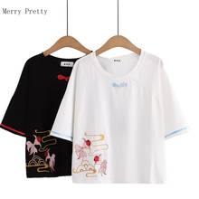Harajuku-camisetas informales con bordado de dibujos animados para mujer, jersey de manga corta con cuello redondo, moda coreana, Tops gráficos para mujer 2021 2024 - compra barato