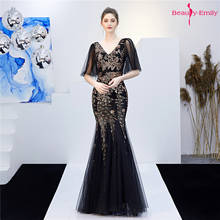 Beauty-Emily 2019 Long Sequins V Neck Evening Dresses Mermaid Formal Party Dress Pleated Appliques Lace Tulle Prom Gown Vestidos 2024 - buy cheap