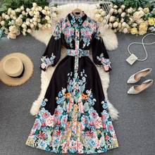 2022 Spring Autumn Retro Print Maxi Dress For Women Korean Turn-down Collar Puff Sleeve A-line Dresses Bohemian Streetwear 2024 - buy cheap