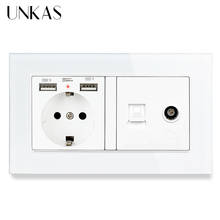 UNKAS-toma de corriente estándar de la UE, cristal templado, doble USB + RJ45, Internet, ordenador y televisión 2024 - compra barato