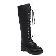Cross-Lace Side Zipper Low-Heel Knee-Length Boots Thick Plush Boots Inside PU Boots 2020 new Leather Boots 2024 - buy cheap
