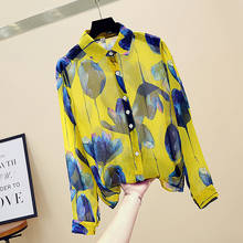 Magnolia Print Blouse Women Yellow Shirts 2020 New Vintage See Through Chiffon Shirt Female Turn-down Collar Long Sleeve Shirt 2024 - buy cheap