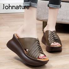 Johnature-Zapatillas de piel auténtica para mujer, zapatos de verano, cuñas de exterior, ocio, costura Retro, informales, novedad de 2021 2024 - compra barato