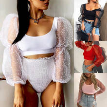 Fashion See-through Women Mesh Puff Sleeve Polka Dot Blouse Tulle Long Sleeve U-Neck Slim Crop Tops Ladies Bare Belly Shirts 2024 - buy cheap