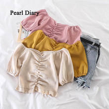 Pearl Diary-Top corto de punto con hombros descubiertos para mujer, Top con manga abombada, Parte delantera fruncida con botón de perla, Top de punto Bardot con dobladillo con volantes de verano 2024 - compra barato