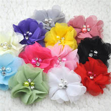 12PCS 6CM Chiffon Ribbon Flowers W/ Beads Appliques Wedding Decor A284 2024 - buy cheap