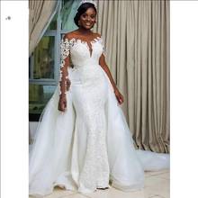 Vestido de noiva africano aplique rendado manga longa com cauda destacável vestido de noiva estilo sereia vintage preto plus size 2024 - compre barato