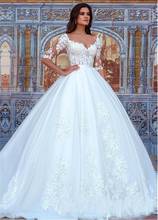 2020 vestido de baile de luxo vestido de casamento meia mangas com decote em v tule com flores vestidos de noiva de renda princesa 2024 - compre barato