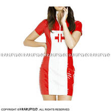 Vestido de látex sexy vermelho e branco com zíper frontal transversal uniforme de borracha mangas curtas LYQ-0194 2024 - compre barato